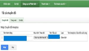 Nhập mục tiêu sang Adwords: