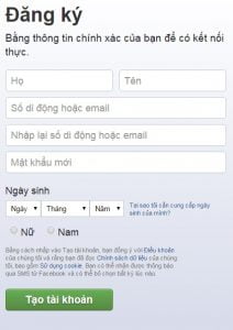 Khung đăng ký Facebook